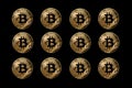 Set of bitcoin coins, digital currency created for use online anonymous transactions